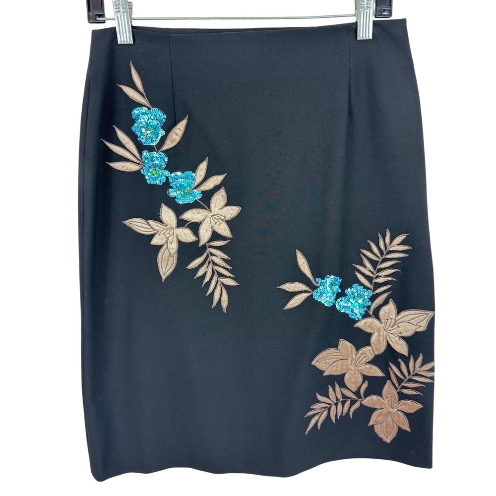 Karen Kane Lifestyle Black Sequin Floral Embroidered Pencil Skirt Womens Size 6